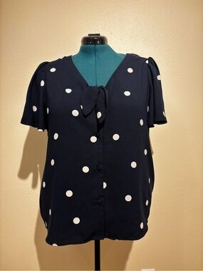 LC Lauren Conrad Navy with White Polka Dot Tie-Front Blouse